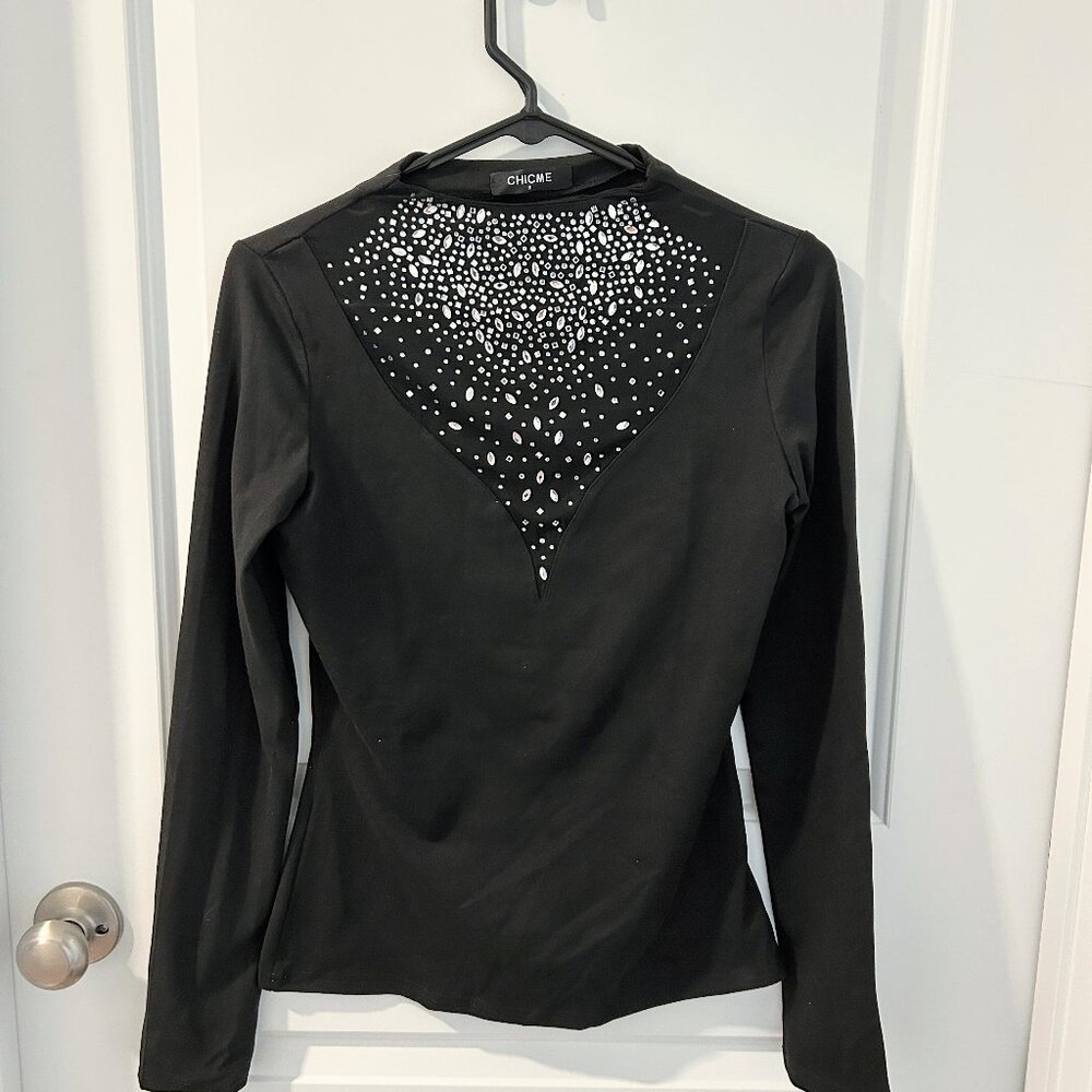 Black Long Sleeve Rhinestone Sheer Top